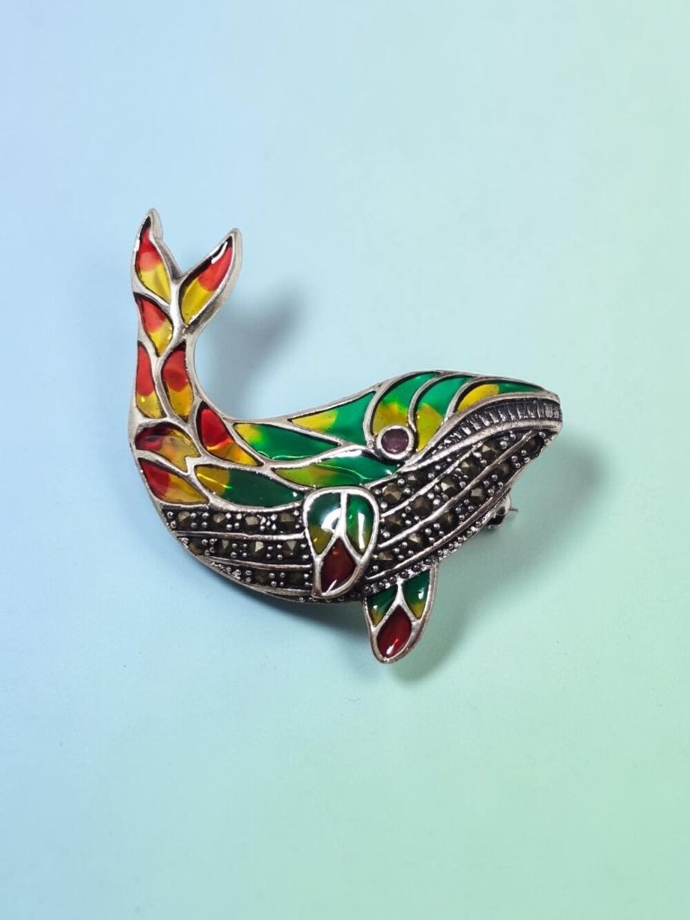 Sterling Silver 925 Plique A Jour Marcasite & Ruby Whale Brooch & Pendant